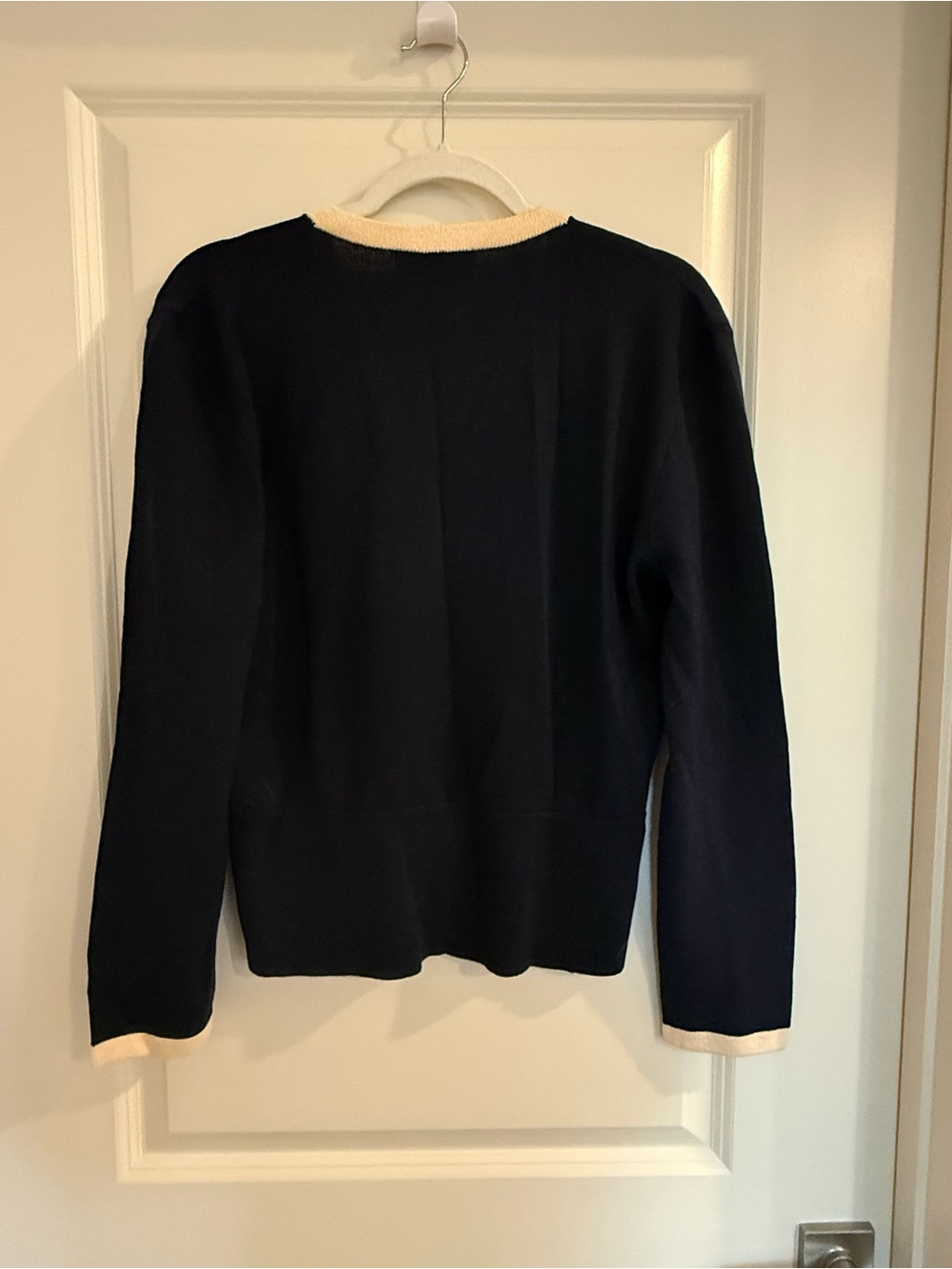 St. John Navy V-Neck Wrap-Style Sweater with Cream Trim Accents - Picture 2 of 9